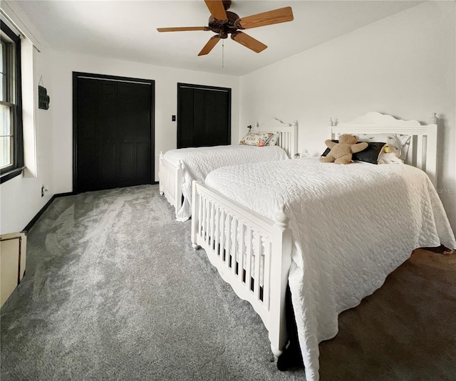 carpeted bedroom featuring ceiling fan