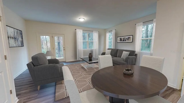 dining space featuring wood-type flooring