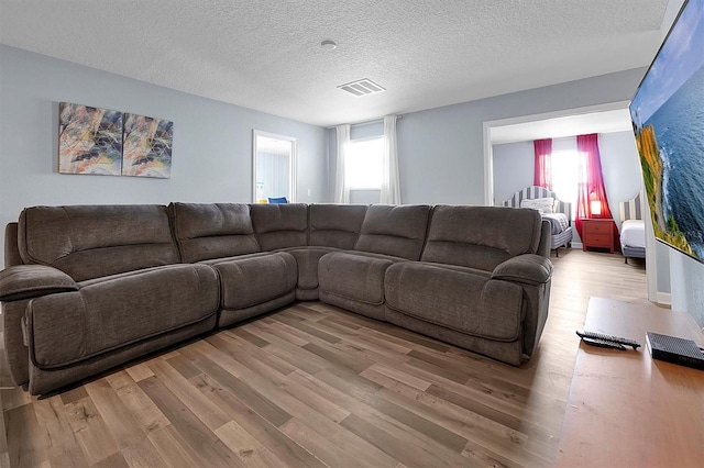 living room with a textured ceiling and hardwood / wood-style flooring