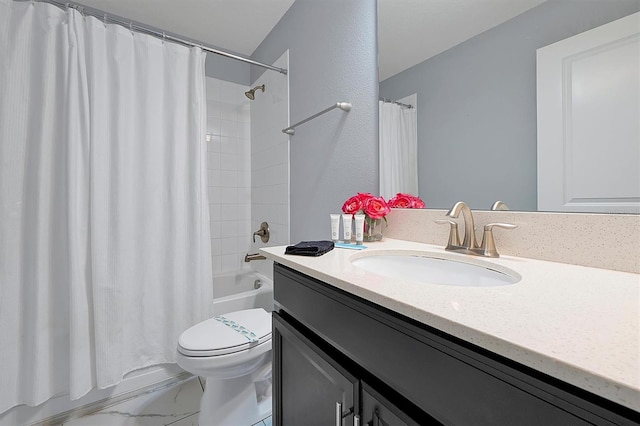 full bathroom with vanity, toilet, and shower / bathtub combination with curtain