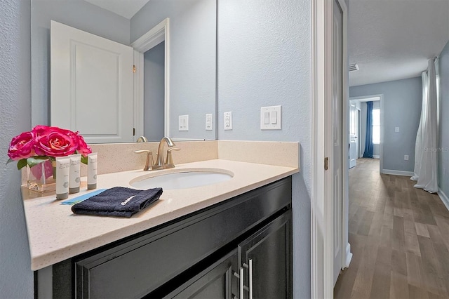 bathroom with wood-type flooring and vanity