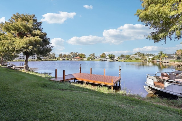 view of dock featuring a water view and a yard