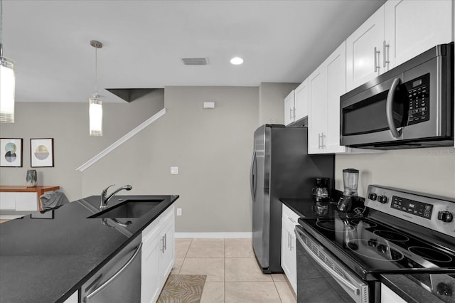 kitchen with a sink, visible vents, white cabinetry, appliances with stainless steel finishes, and dark countertops