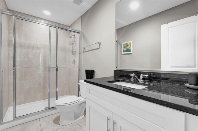 bathroom featuring visible vents, toilet, a shower stall, vanity, and tile patterned flooring