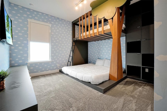 bedroom featuring carpet floors and rail lighting