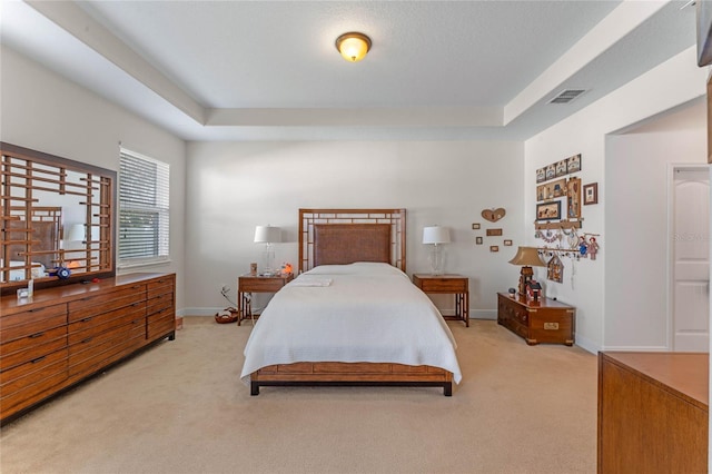 bedroom featuring a raised ceiling and light carpet