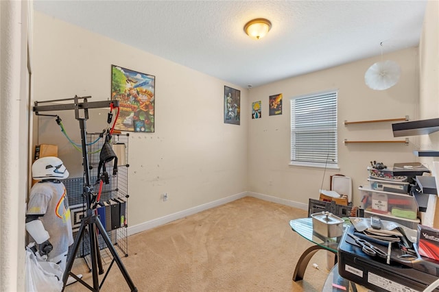 home office with a textured ceiling and light carpet