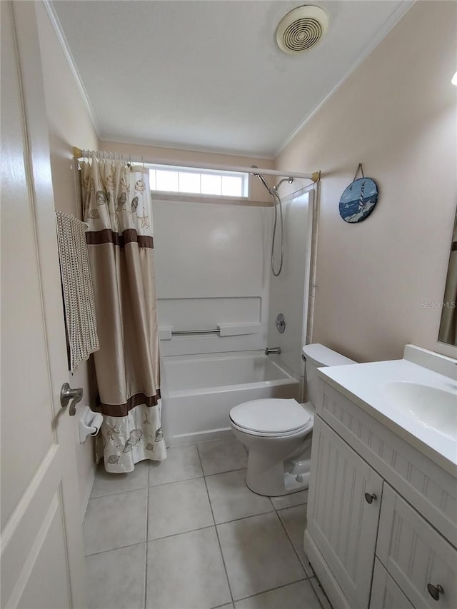 full bathroom with tile patterned floors, vanity, shower / tub combo, toilet, and ornamental molding