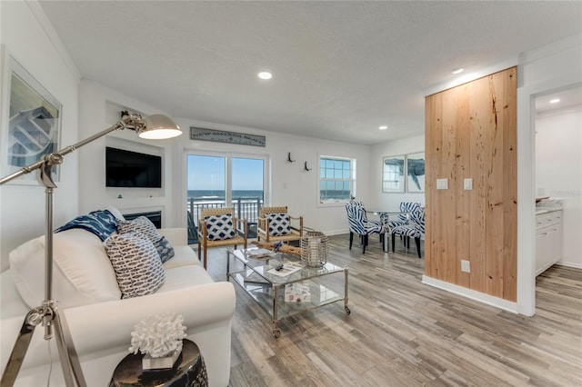 living room with a textured ceiling, light wood-type flooring, and crown molding