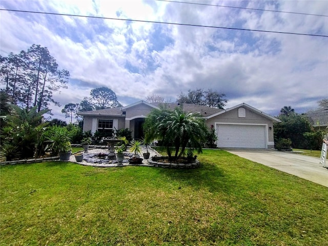 single story home featuring driveway, a front lawn, and an attached garage