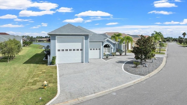 single story home featuring a water view, a garage, and a front yard