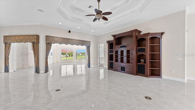 living room featuring a raised ceiling, ceiling fan, and crown molding