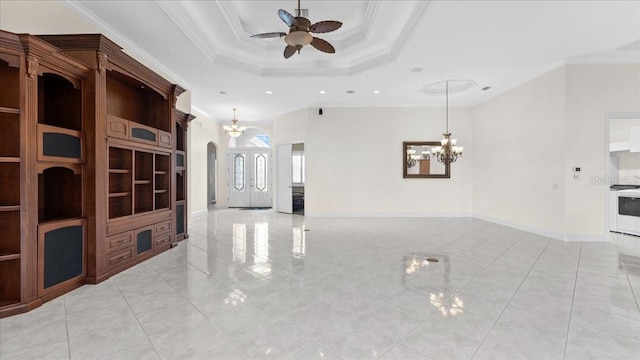 living room featuring a tray ceiling, light tile patterned floors, ceiling fan with notable chandelier, and ornamental molding