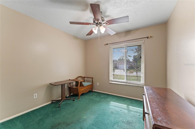 interior space with carpet, ceiling fan, and a textured ceiling