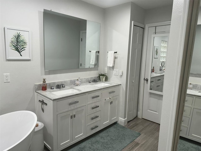 bathroom featuring hardwood / wood-style floors, vanity, and a tub to relax in