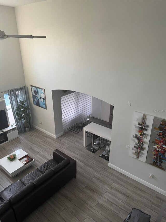 living room featuring a high ceiling and hardwood / wood-style flooring