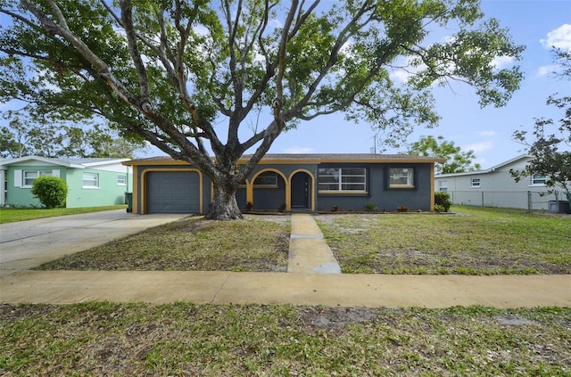 single story home with a garage and a front lawn