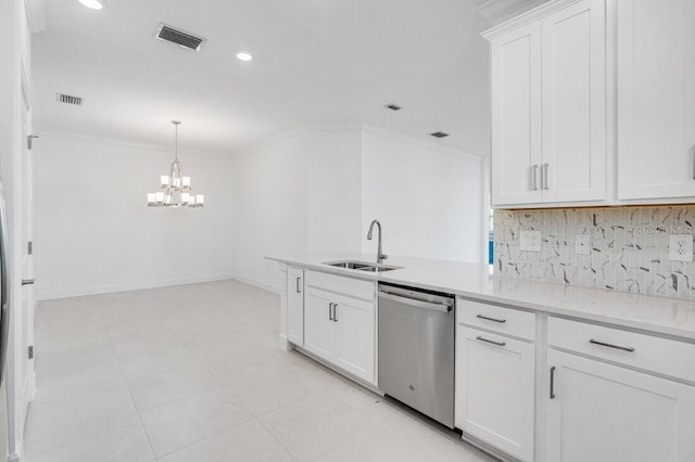 kitchen featuring sink, white cabinetry, dishwasher, decorative light fixtures, and ornamental molding