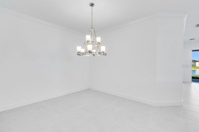 unfurnished room featuring crown molding, tile patterned flooring, and a notable chandelier