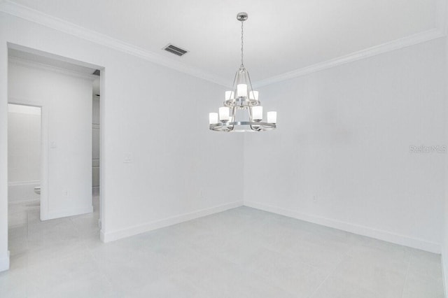 unfurnished room with ornamental molding, a notable chandelier, and light tile patterned floors