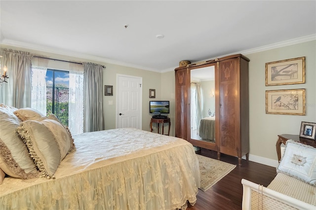 bedroom featuring dark hardwood / wood-style flooring and ornamental molding