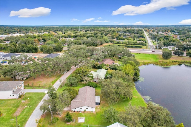 bird's eye view with a water view