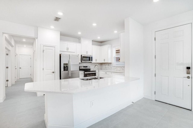 kitchen featuring appliances with stainless steel finishes, tasteful backsplash, white cabinets, sink, and kitchen peninsula