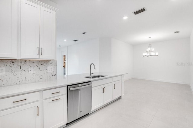 kitchen featuring sink, backsplash, stainless steel dishwasher, and white cabinets