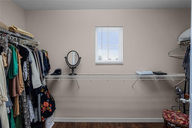 spacious closet with dark hardwood / wood-style flooring