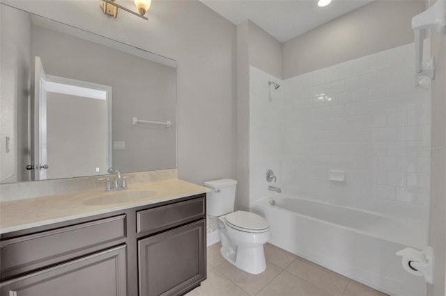 full bathroom with toilet, tiled shower / bath combo, vanity, and tile patterned floors