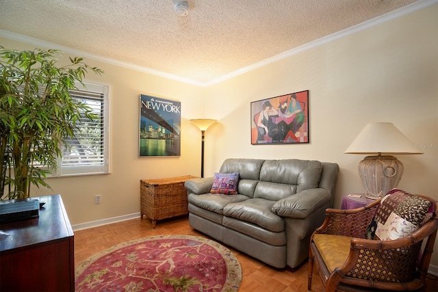 living room featuring a textured ceiling, light parquet floors, and ornamental molding