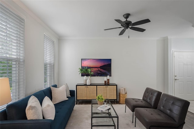 living room featuring ceiling fan, light hardwood / wood-style floors, and ornamental molding