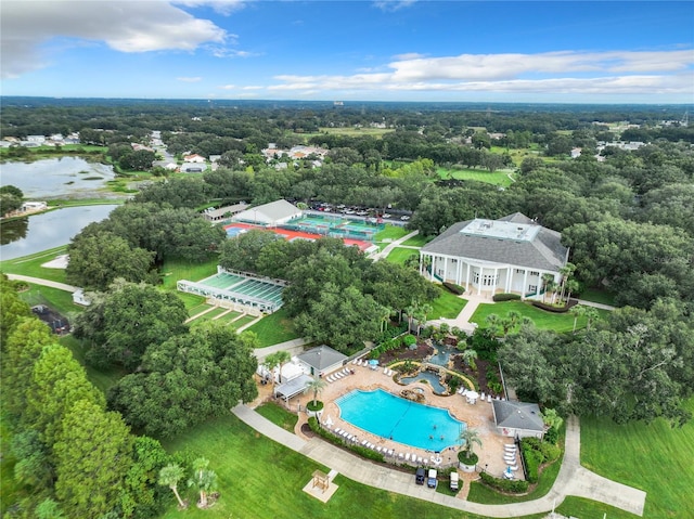 drone / aerial view featuring a water view