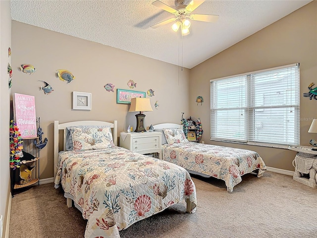 carpeted bedroom featuring lofted ceiling, a textured ceiling, and ceiling fan