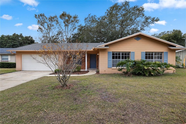 single story home with a front yard and a garage