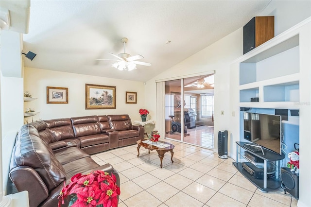 tiled living room with vaulted ceiling