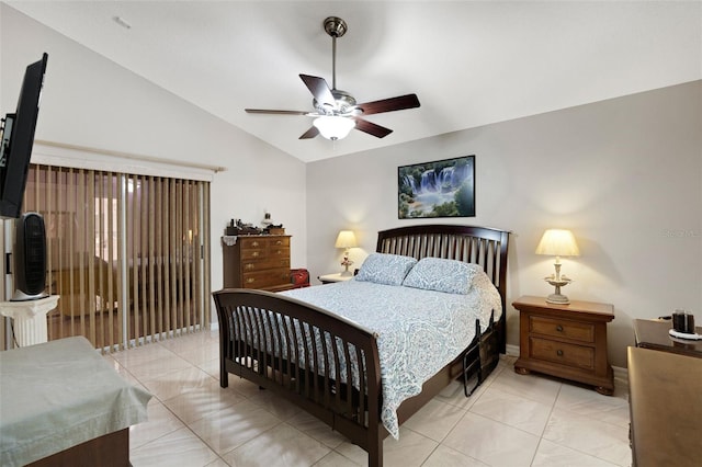 bedroom with ceiling fan, light tile patterned flooring, and lofted ceiling