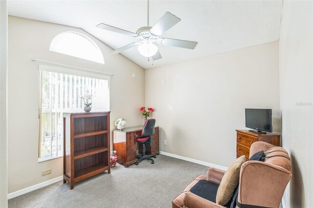 carpeted office space with a textured ceiling, plenty of natural light, lofted ceiling, and ceiling fan