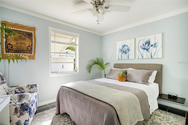 bedroom featuring tile patterned flooring, ceiling fan, and ornamental molding