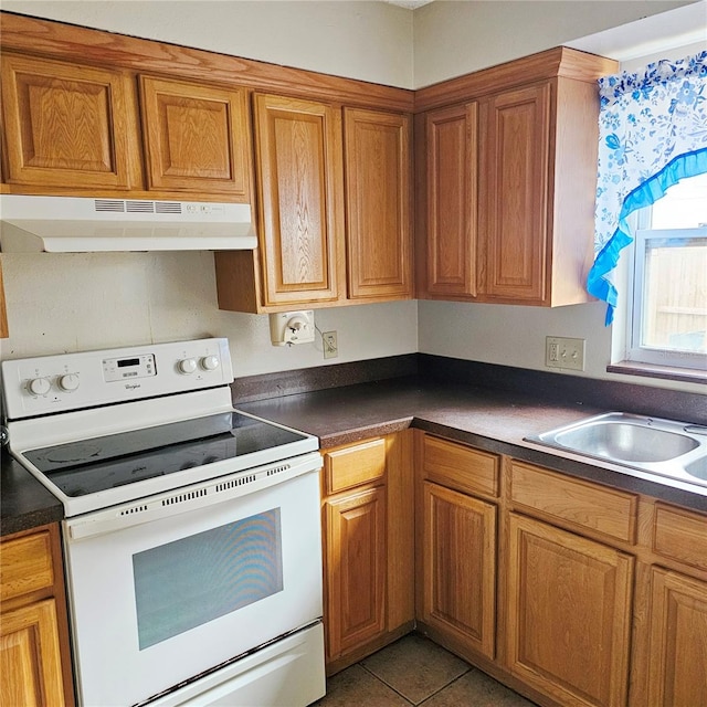 kitchen featuring electric stove, sink, and light tile patterned floors