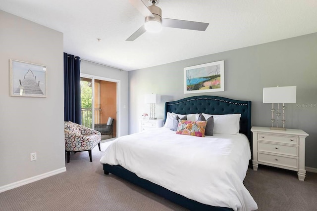 carpeted bedroom with access to outside and ceiling fan