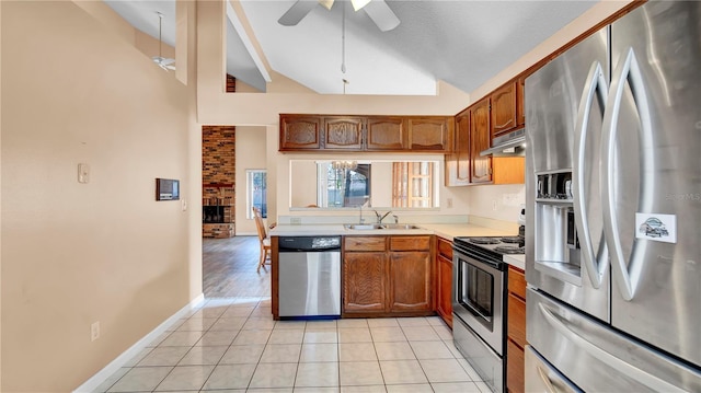 kitchen featuring sink, high vaulted ceiling, light tile patterned floors, ceiling fan, and stainless steel appliances