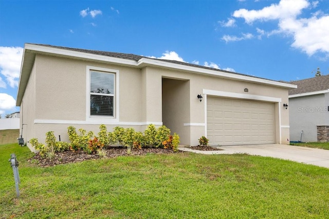 single story home with a garage and a front lawn