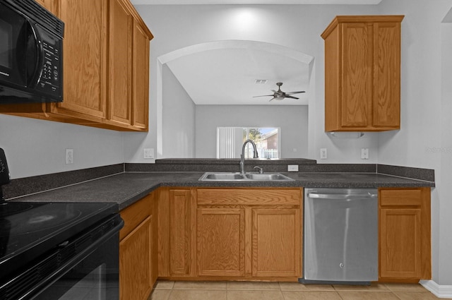 kitchen with light tile patterned floors, sink, ceiling fan, and black appliances