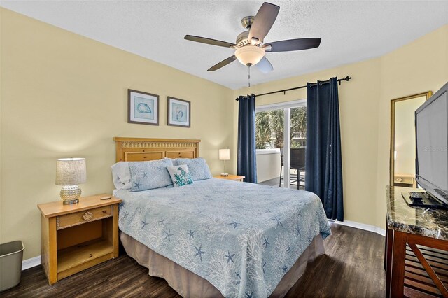 bedroom with access to exterior, a textured ceiling, dark hardwood / wood-style floors, and ceiling fan