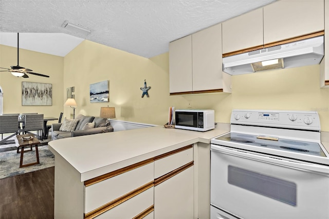 kitchen featuring white cabinets, dark hardwood / wood-style floors, white appliances, and kitchen peninsula