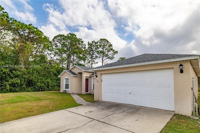 ranch-style home with a garage and a front lawn