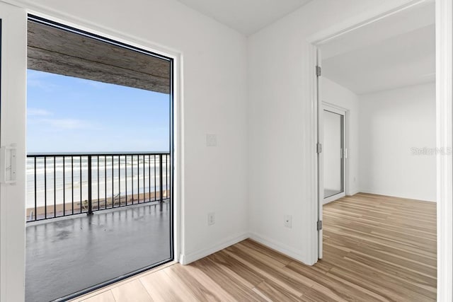 empty room with a water view and light hardwood / wood-style flooring