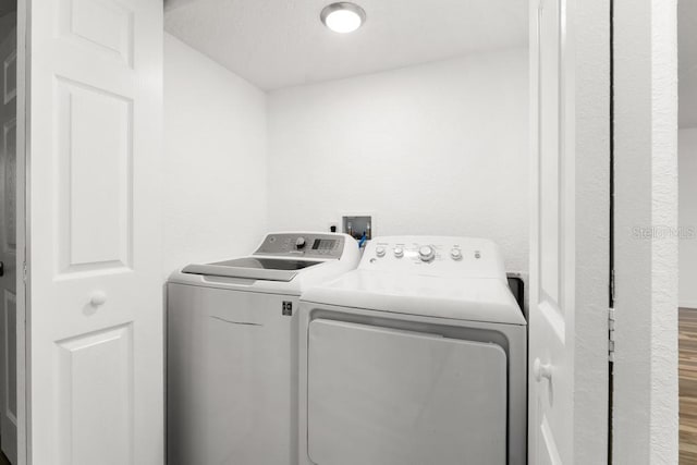 laundry area featuring washer and clothes dryer and wood-type flooring