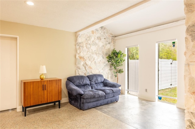 living room with a textured ceiling